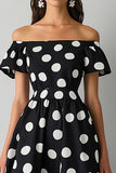 Off The Shoulder Black White A Line Polka Dots Dress