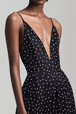 Black V Neck Spaghetti Straps A Line White Polka Dots Dress