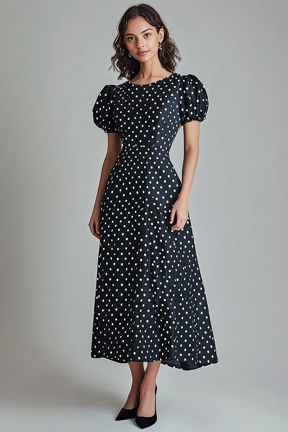 Black Round Neck A-Line Long White Polka Dots Dress