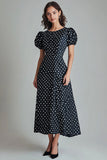 Black Round Neck A-Line Long White Polka Dots Dress