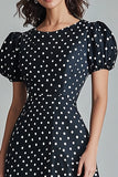 Black Round Neck A-Line Long White Polka Dots Dress