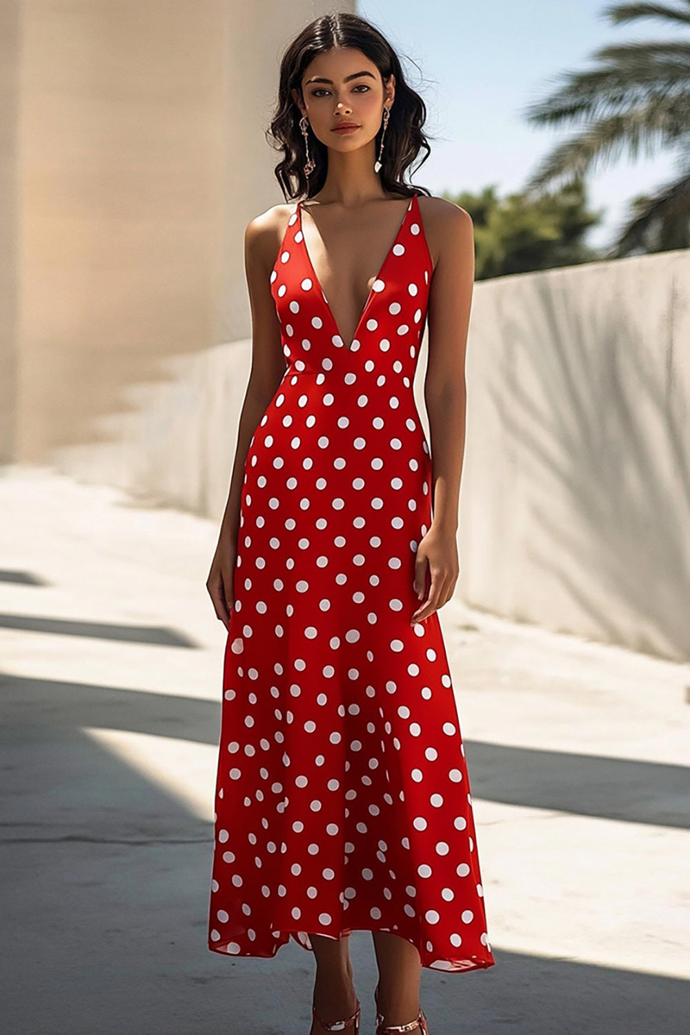 Red Spaghetti Straps V-Neck A Line White Polka Dots Dress