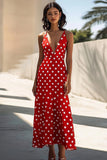 Red Spaghetti Straps V-Neck A Line White Polka Dots Dress