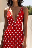 Red Spaghetti Straps V-Neck A Line White Polka Dots Dress