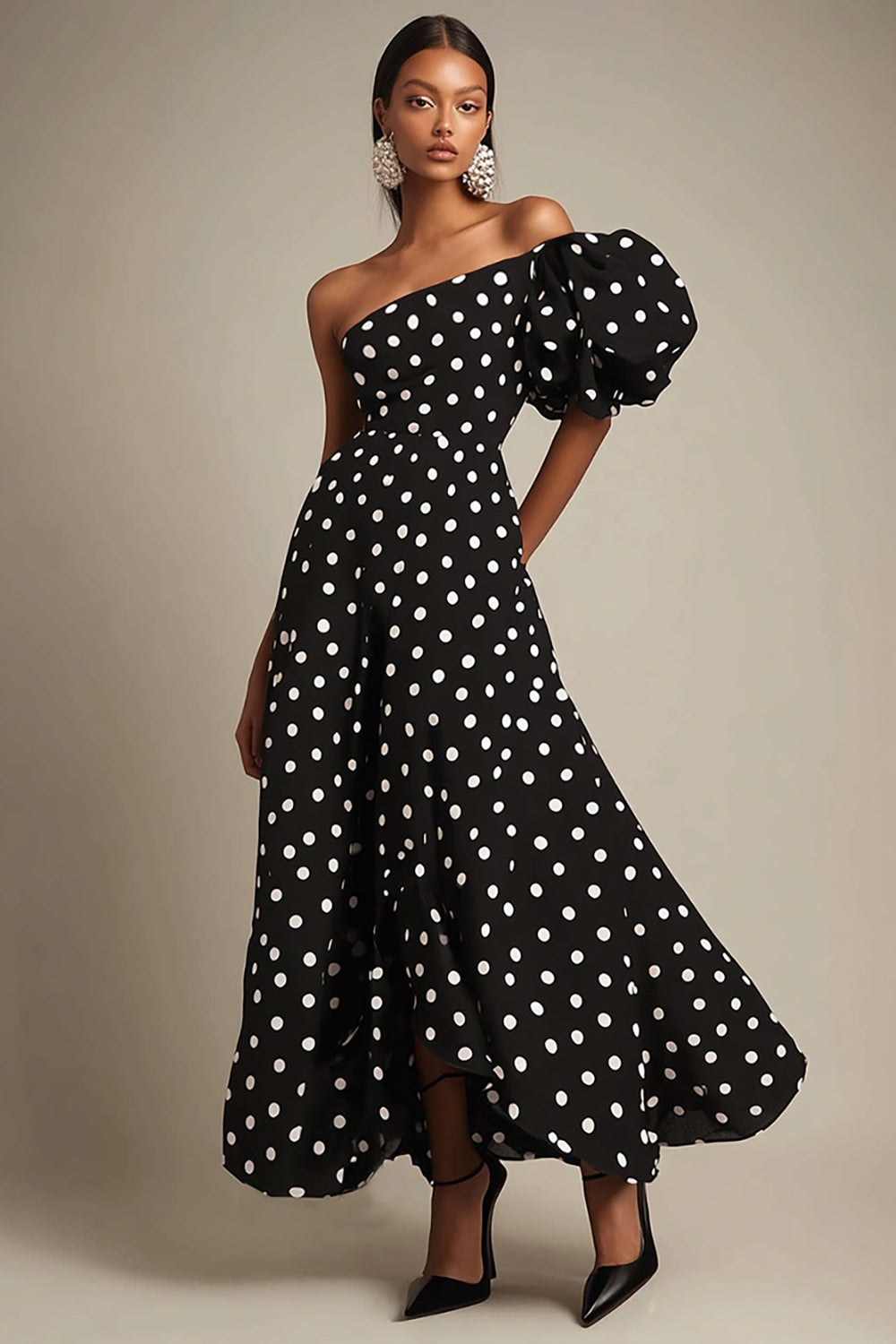 One Shoulder A Line Black White Polka Dots Dress