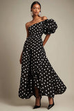 One Shoulder A Line Black White Polka Dots Dress