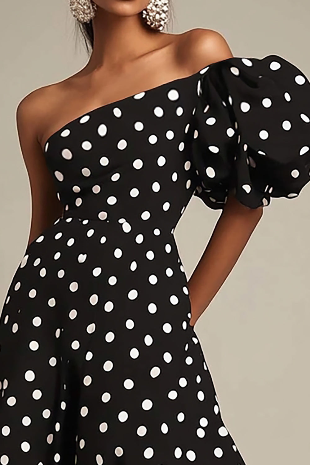 One Shoulder A Line Black White Polka Dots Dress