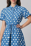 Blue A Line White Polka Dots Dress with Short Sleeves
