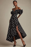 Black A Line Off The Shoulder White Polka Dots Dress with Slit