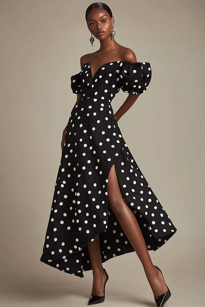 ZAPAKA Women Black Summer Cocktail Dress A Line Off The Shoulder White Polka Dots Dress with Slit, Black White Dot / US6