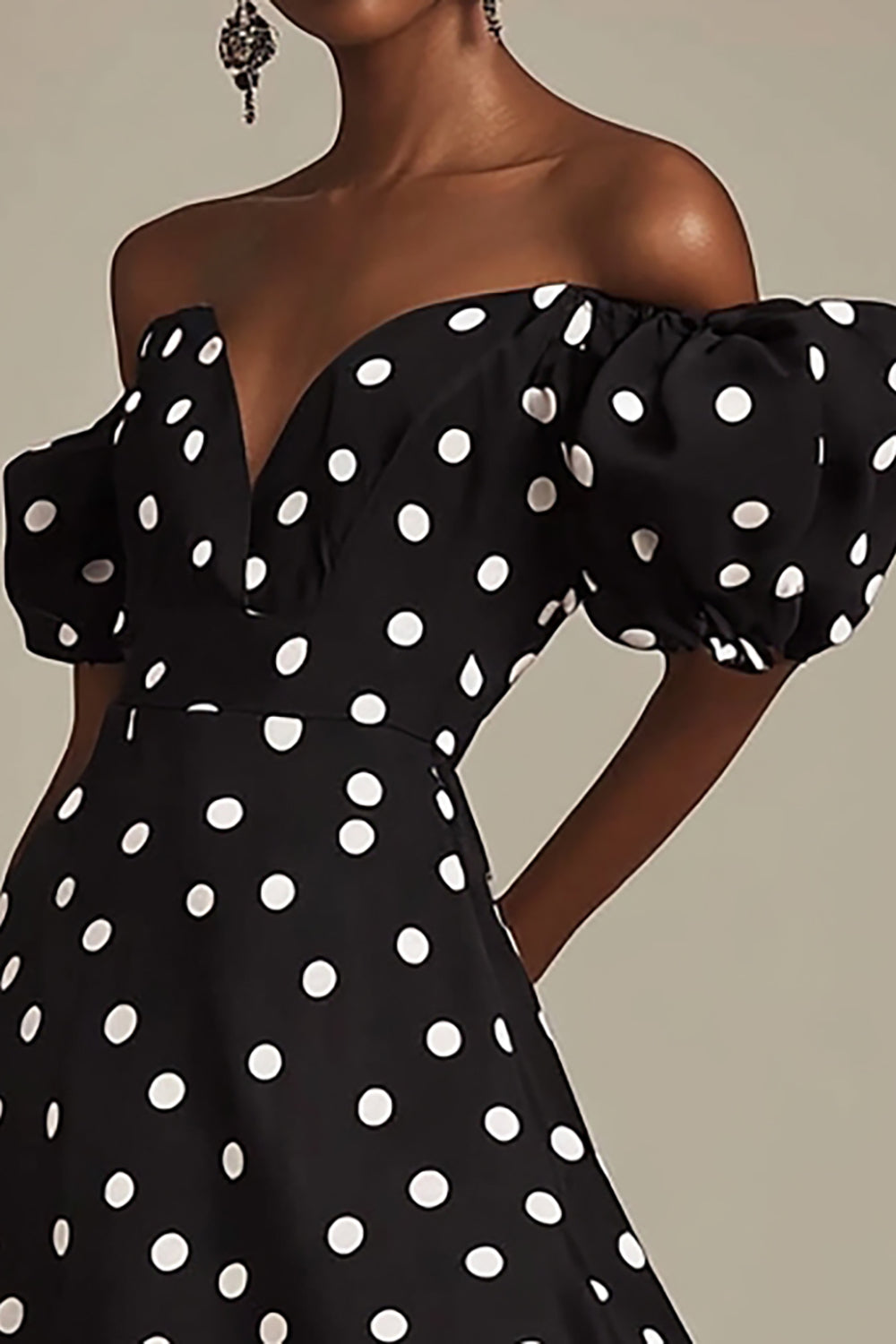 Black A Line Off The Shoulder White Polka Dots Dress with Slit