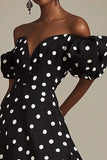 Black A Line Off The Shoulder White Polka Dots Dress with Slit
