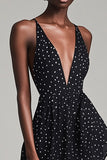 Black Deep V Neck Midi White Polka Dots Summer Cocktail Dress with Slit