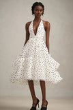 Halter A-Line Ruffle White Black Polka Dots Dress
