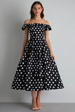 Off The Shoulder A Line Black White Polka Dots Dress