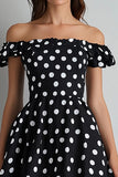 Off The Shoulder A Line Black White Polka Dots Dress
