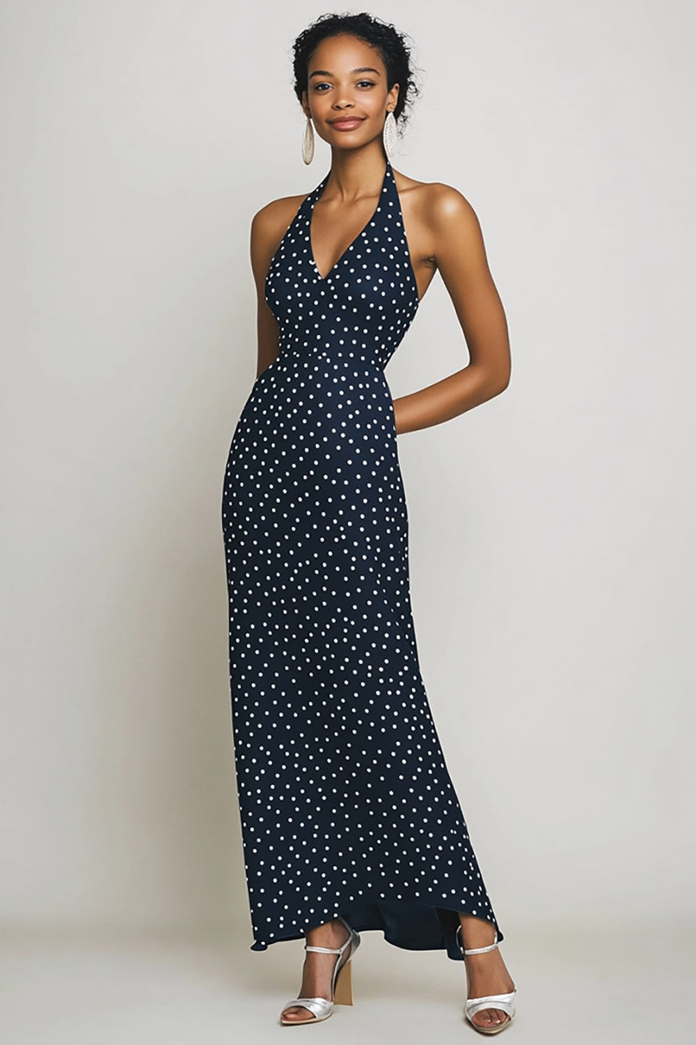 Halter Navy Sheath Long White Polka Dots Dress