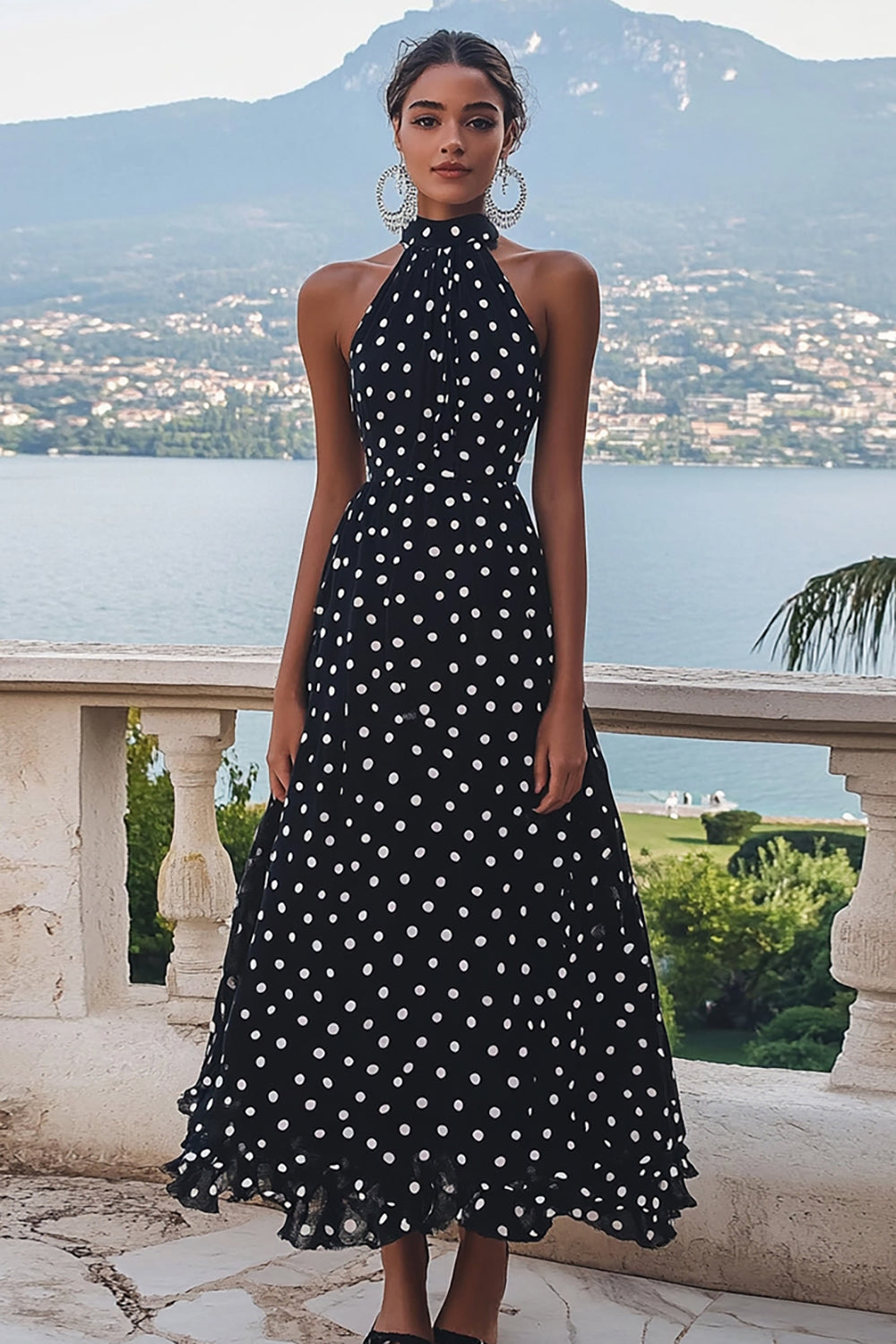 High Neck Black White A Line Polka Dots Dress