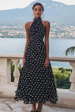 High Neck Black White A Line Polka Dots Dress