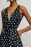 Black White V-Neck A Line Polka Dots Dress