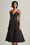 Black White Spaghetti Straps A-Line Polka Dots Dress