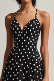 Black White Spaghetti Straps A-Line Polka Dots Dress