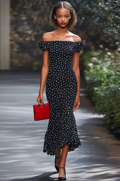 Zapaka Women Black White Polka Dot Dress Mermaid Off The Shoulder