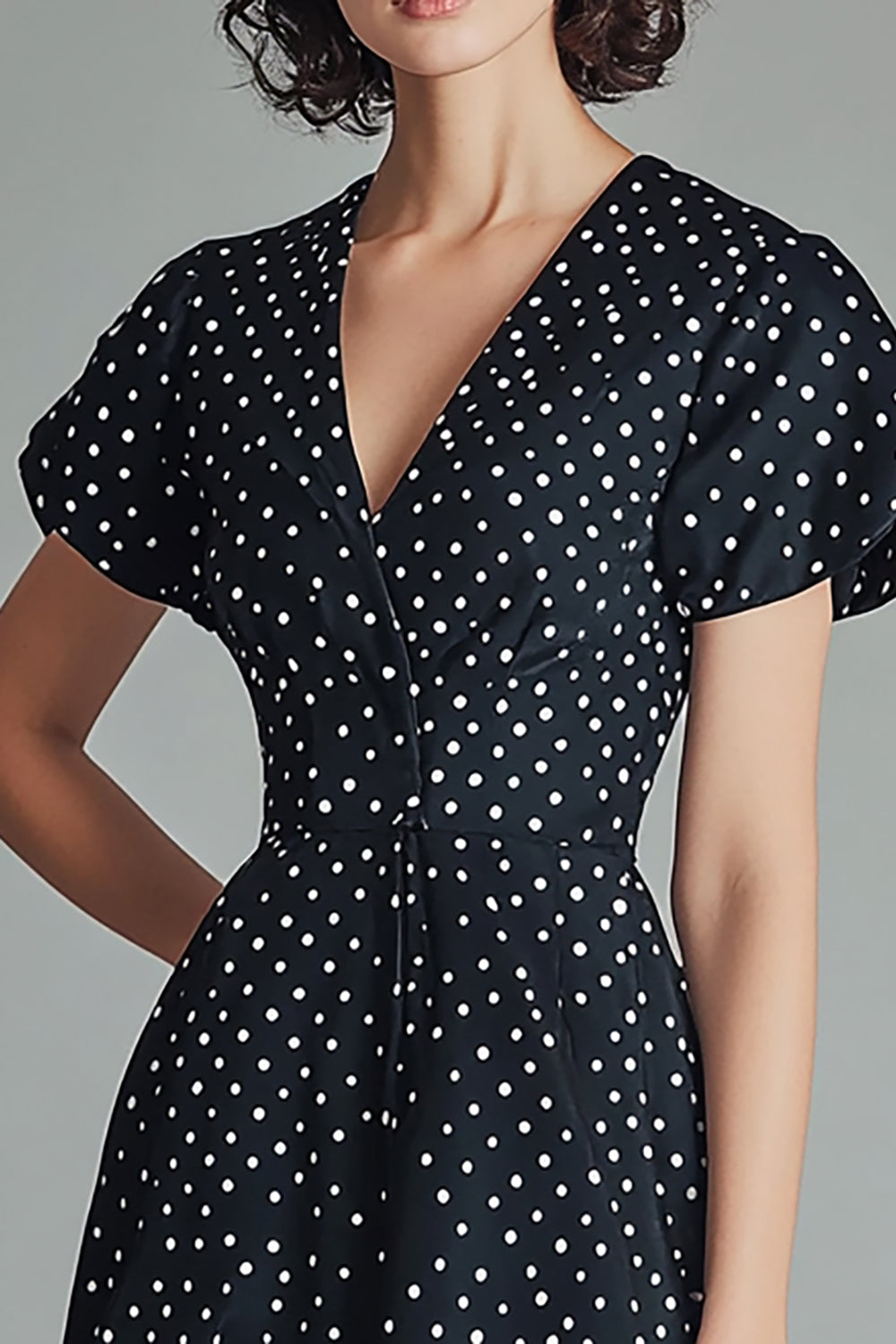 A Line V Neck Black White Polka Dots Dress with Short Sleeves