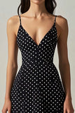 Black White A Line V Neck Polka Dot Dress