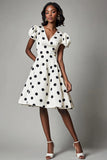 A Line White Black Polka Dots Dress with Puff Sleeves