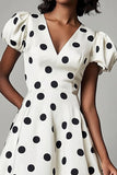 A Line White Black Polka Dots Dress with Puff Sleeves