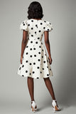 A Line White Black Polka Dots Dress with Puff Sleeves