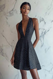 A Line Halter V Neck Mini Black White Polka Dots Dress