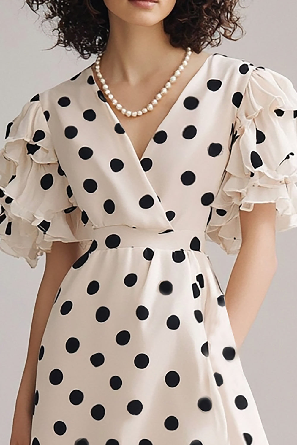 Ivory Black Dot A Line V Neck Cocktail Dress with Short Sleeves