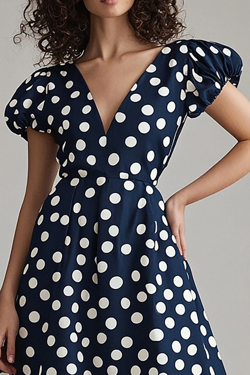 Navy White A Line Polka Dots Dress with Puff Sleeves