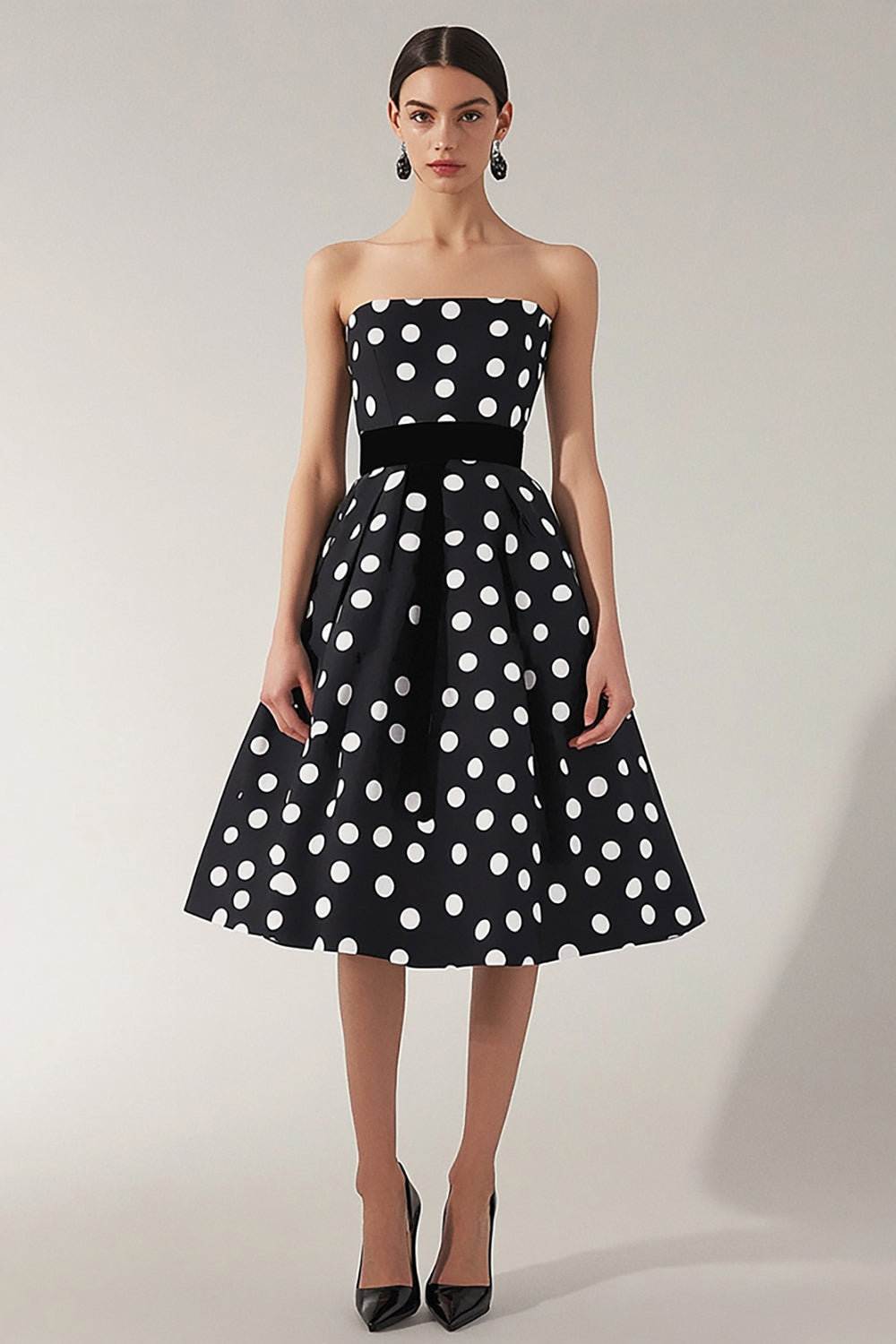 Strapless Black White A Line Polka Dots Dress with Belt