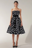 Strapless Black White A Line Polka Dots Dress with Belt