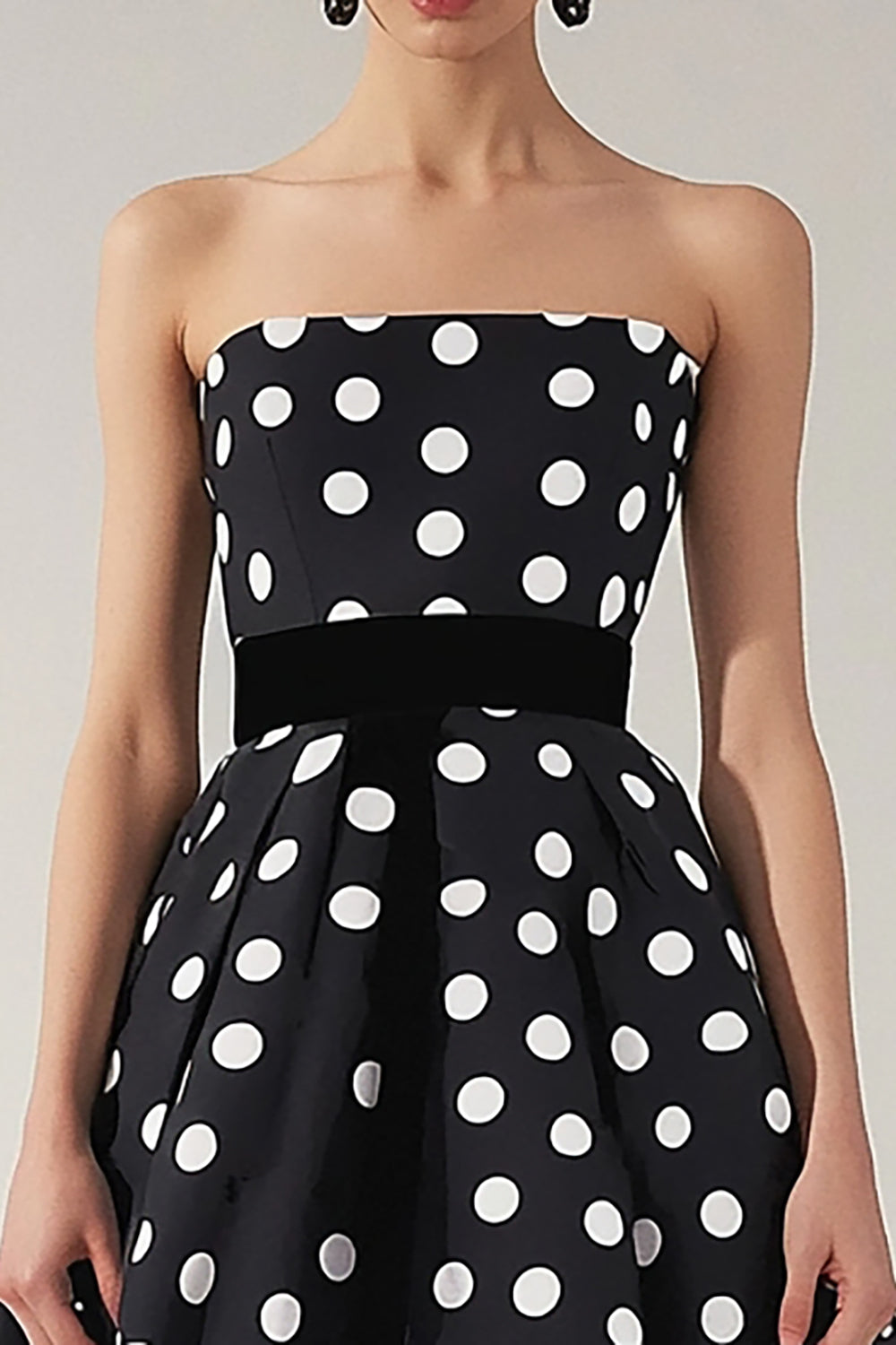 Strapless Black White A Line Polka Dots Dress with Belt