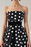 Strapless Black White A Line Polka Dots Dress with Belt