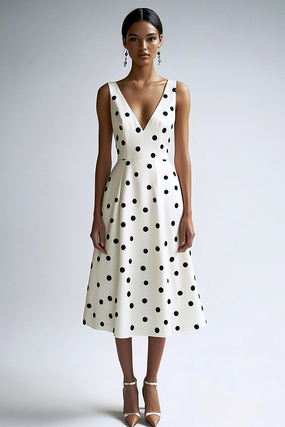 A Line V Neck Midi White Black Polka Dots Dress