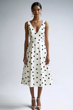 A Line V Neck Midi White Black Polka Dots Dress