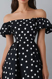 Off The Shoulder Ruffled Black White Polka Dots Dress