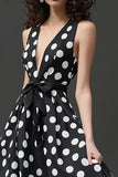 Black White A Line V-Neck Polka Dots  Dress