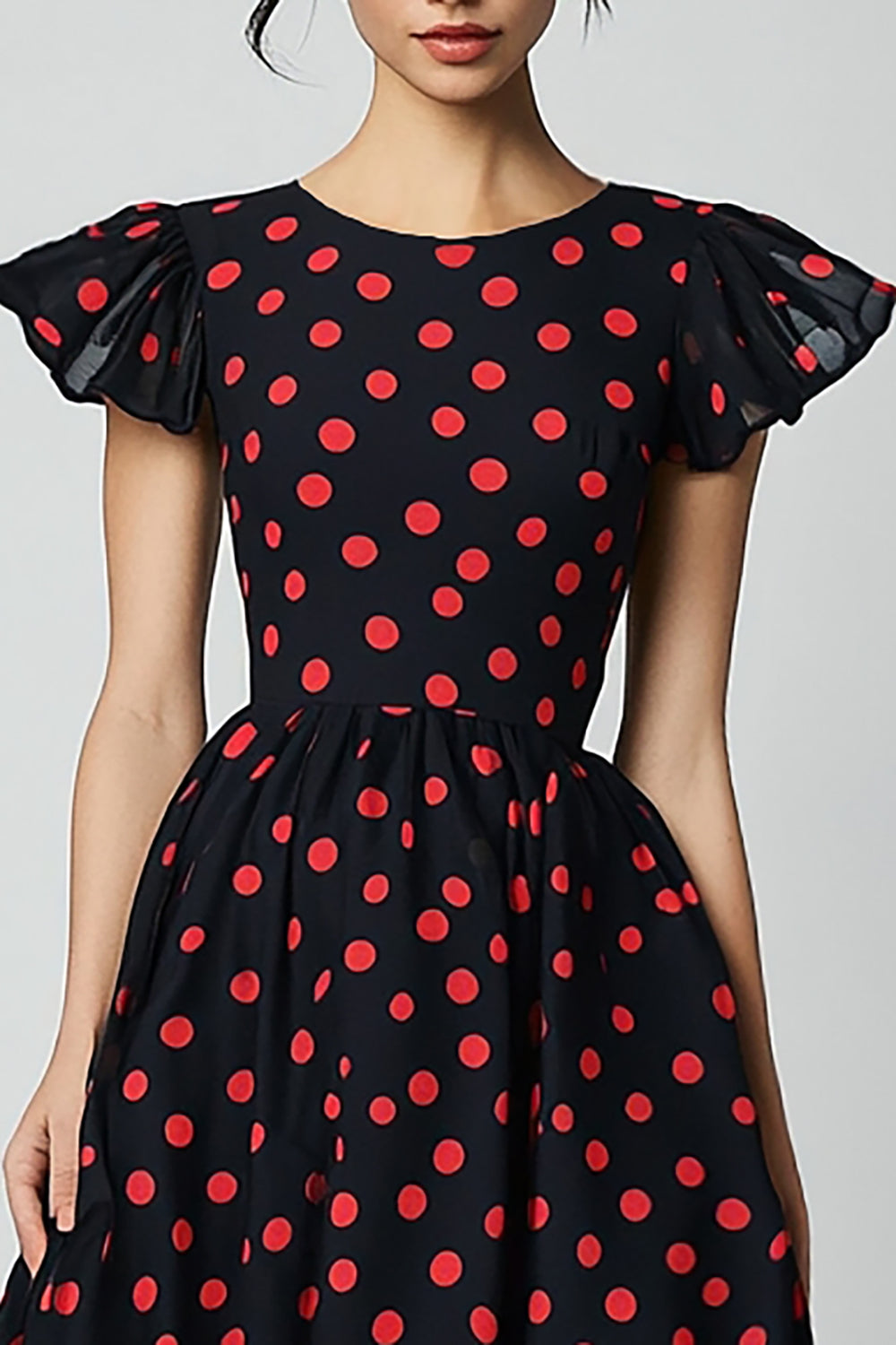 A Line Ruffled Sleeves Red Polka Dots Dress