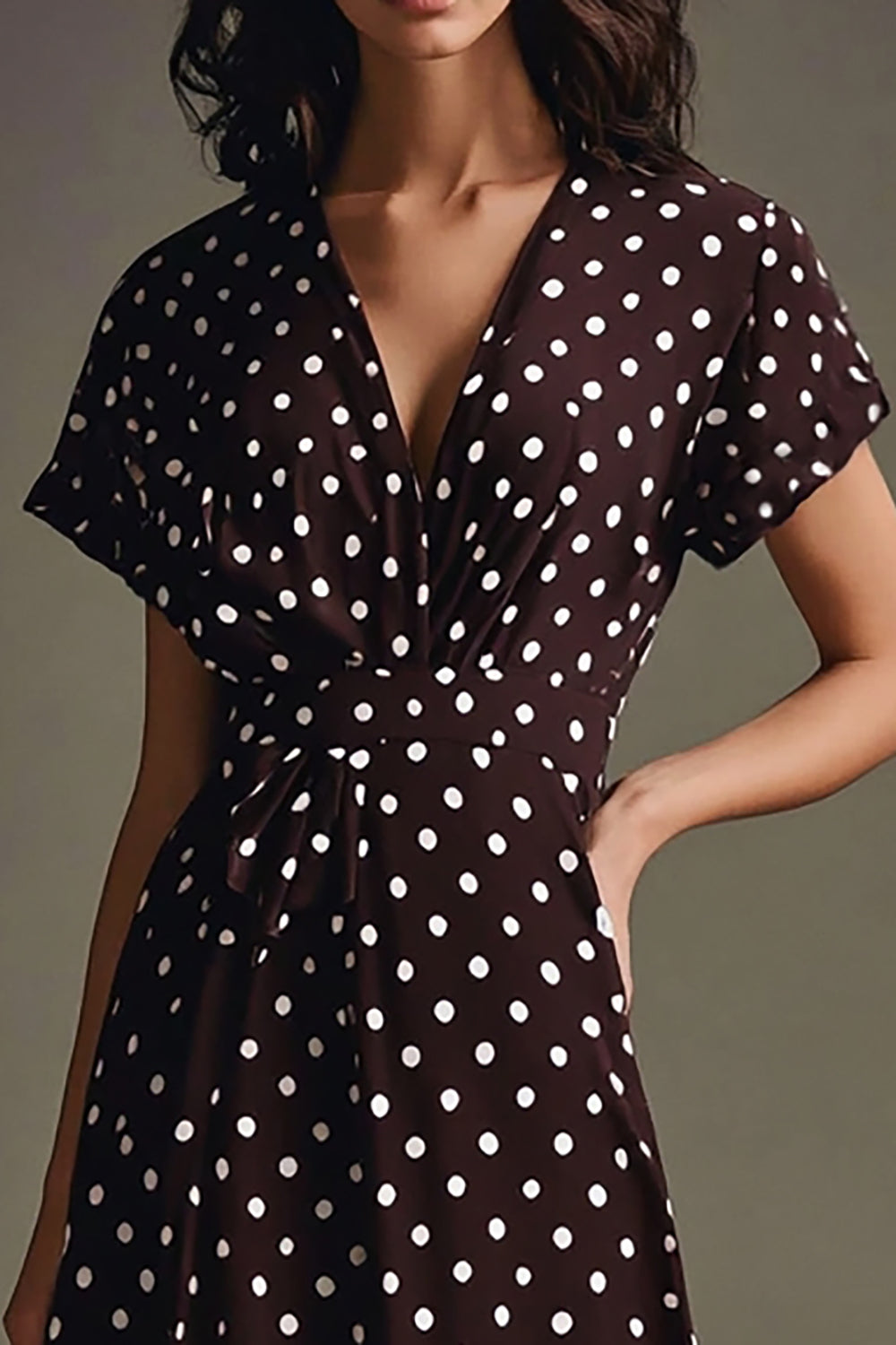 A Line Chiffon Coffee White Polka Dots Dress with Short Sleeves