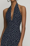 Chiffon Halter A-Line Black White Polka Dots Dress