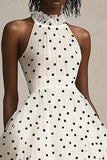 A Line Ruffled High Neck White Black Polka Dots Dress