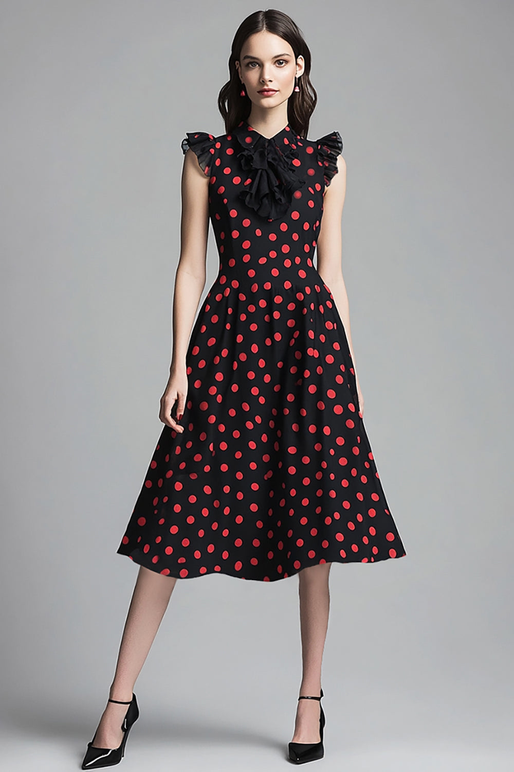 Black A Line Ruffled Red Polka Dots Dress