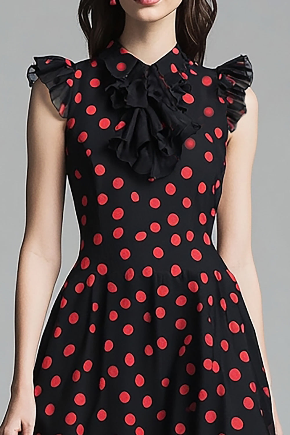 Black A Line Ruffled Red Polka Dots Dress