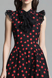Black A Line Ruffled Red Polka Dots Dress